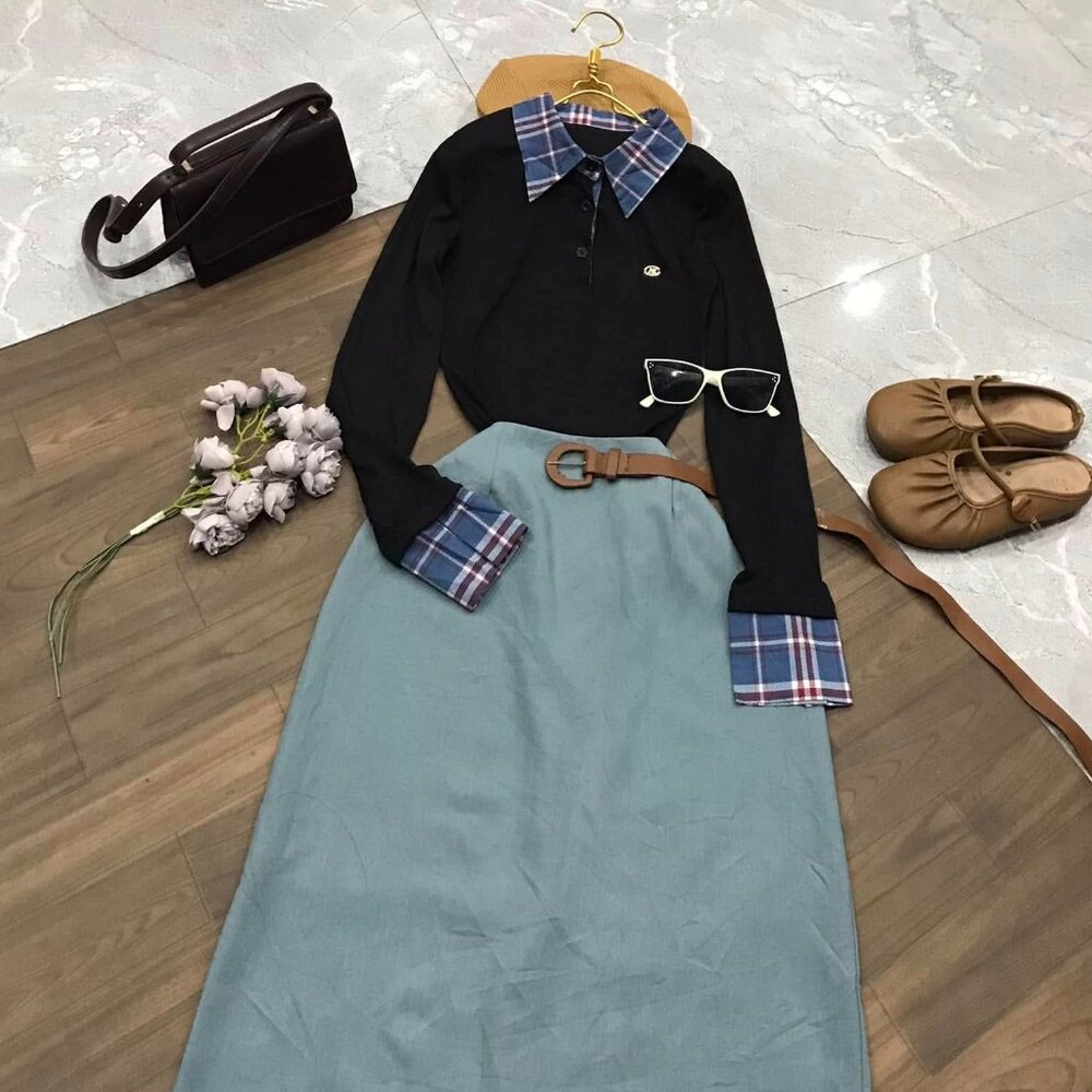 💙 Black Top Blue Plaid Collar Skirt Set Preppy